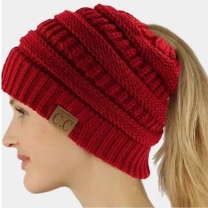 CC Ponytail Beanie Cap Hat Solid Red Slouchy Cable Knit OS
